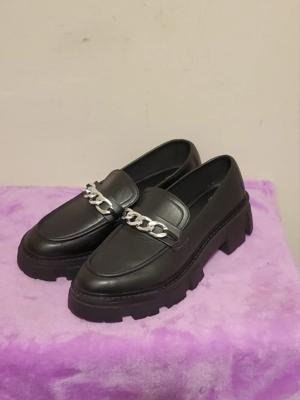 No Boundaries Black Chunky Loafers with Silver Chain